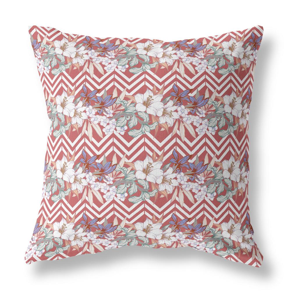 16" X 16" Red And White Blown Seam Floral Indoor Outdoor Throw Pillow. Picture 1