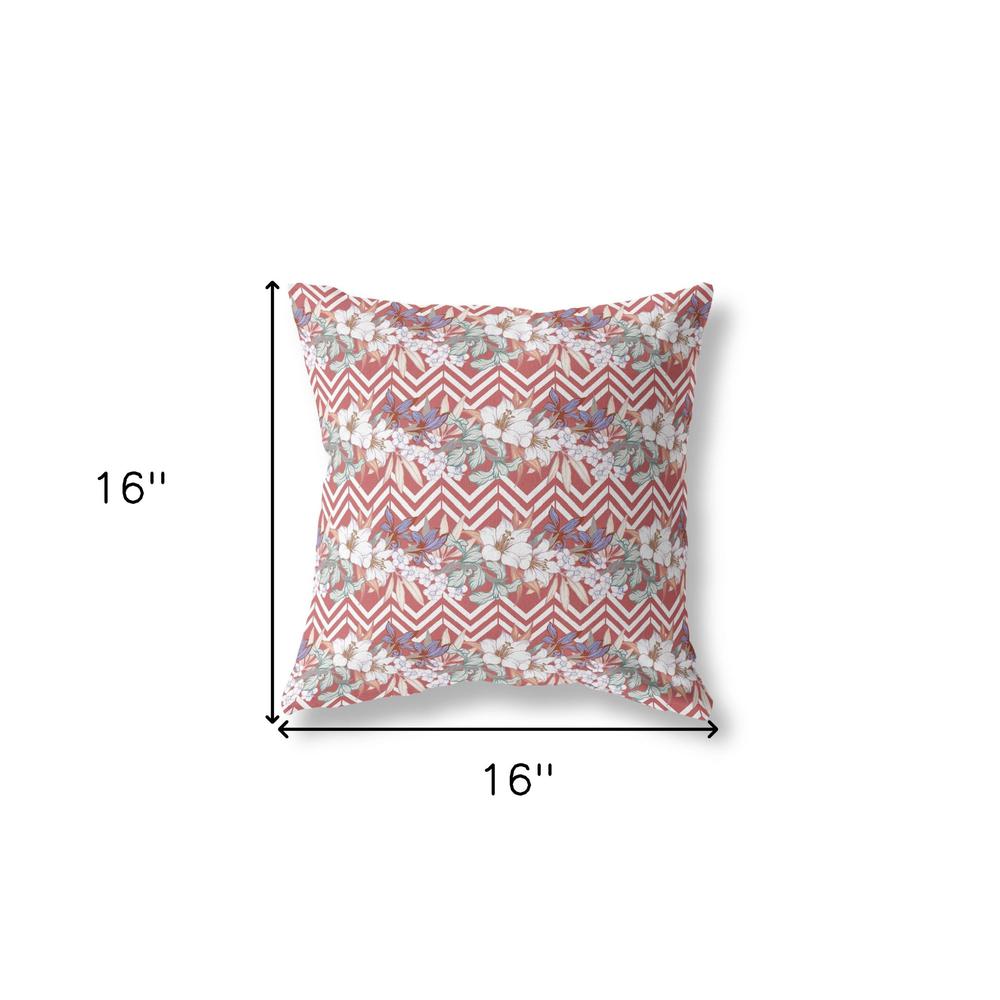 16" X 16" Red And White Blown Seam Floral Indoor Outdoor Throw Pillow. Picture 5