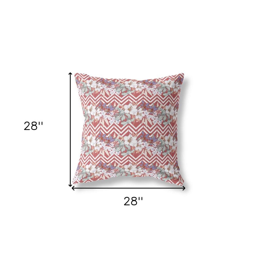 28" X 28" Red And White Blown Seam Floral Indoor Outdoor Throw Pillow. Picture 5