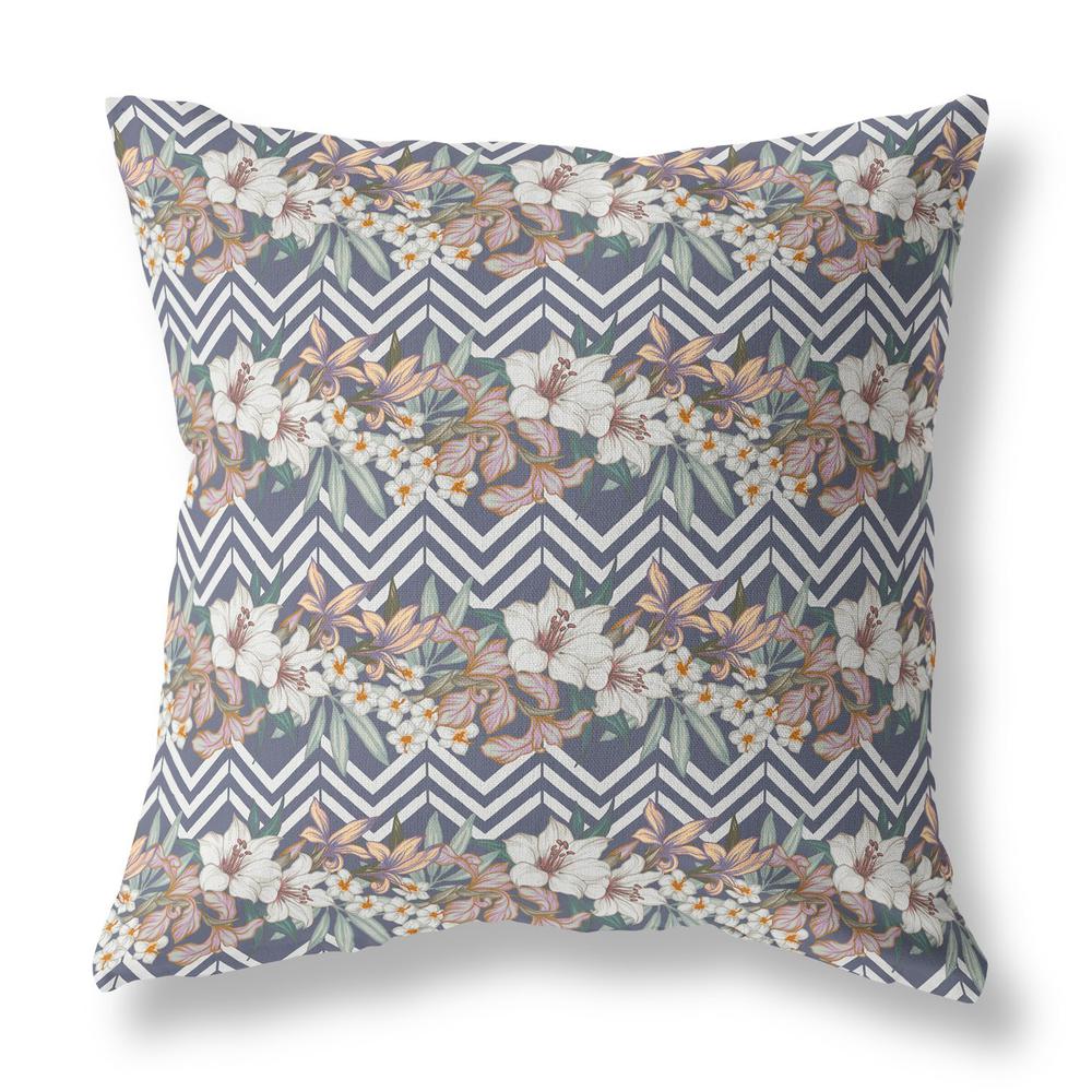 16" X 16" Navy Blue And Orange Blown Seam Floral Indoor Outdoor Throw Pillow. Picture 1