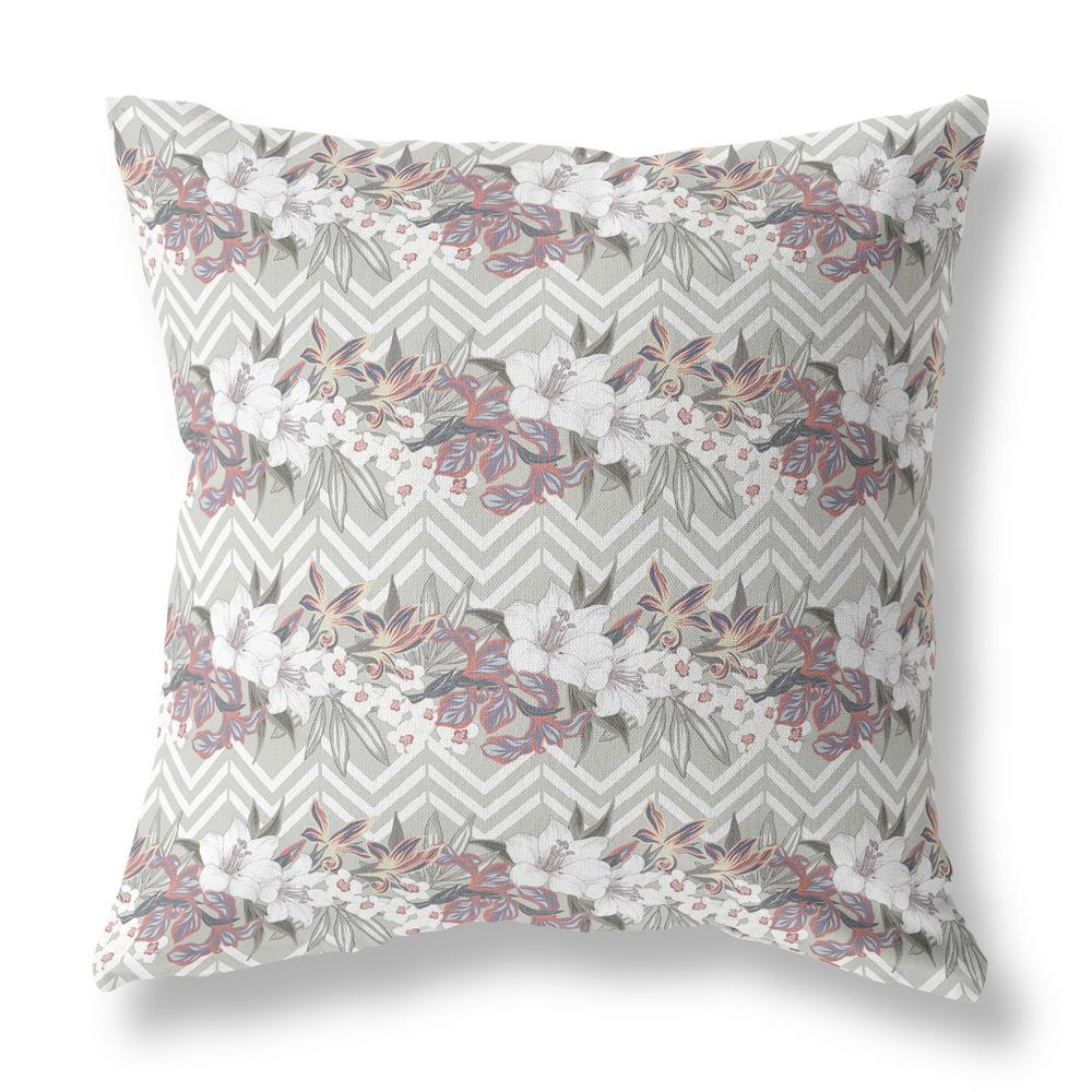 26" X 26" Grey And Pink Blown Seam Floral Indoor Outdoor Throw Pillow. Picture 1