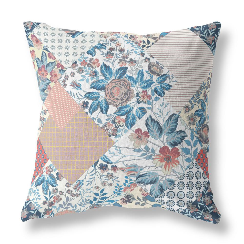 16" White Blue Floral Indoor Outdoor Throw Pillow. Picture 1
