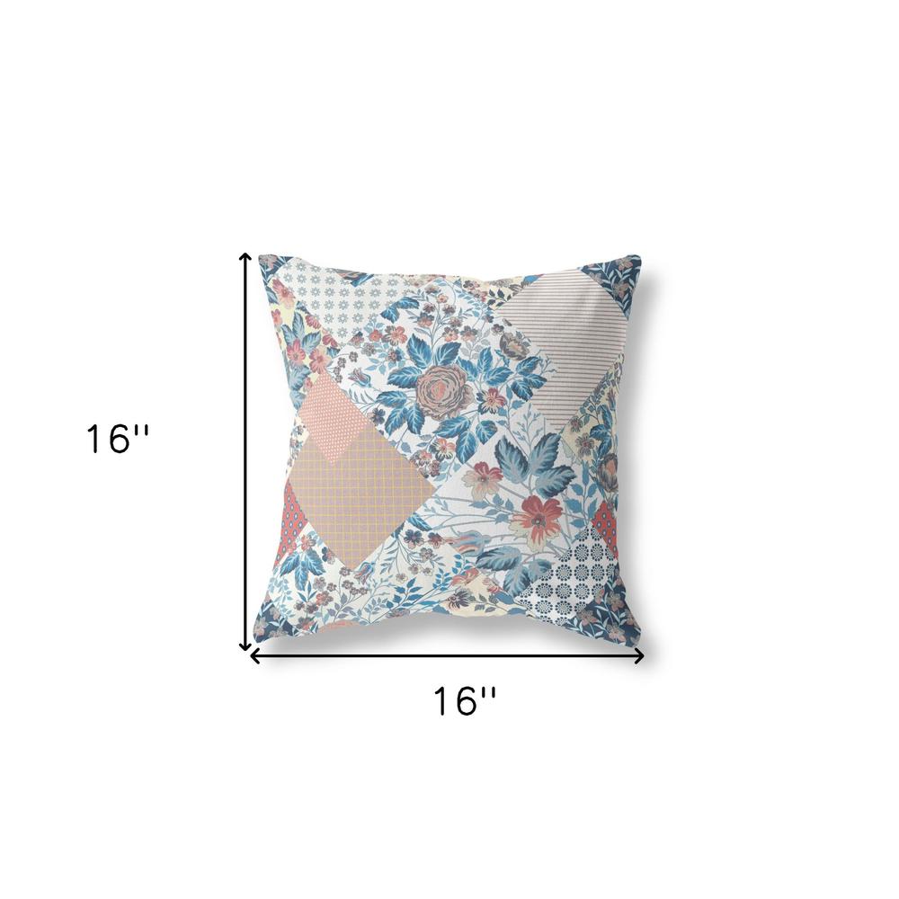 16" White Blue Floral Indoor Outdoor Throw Pillow. Picture 4
