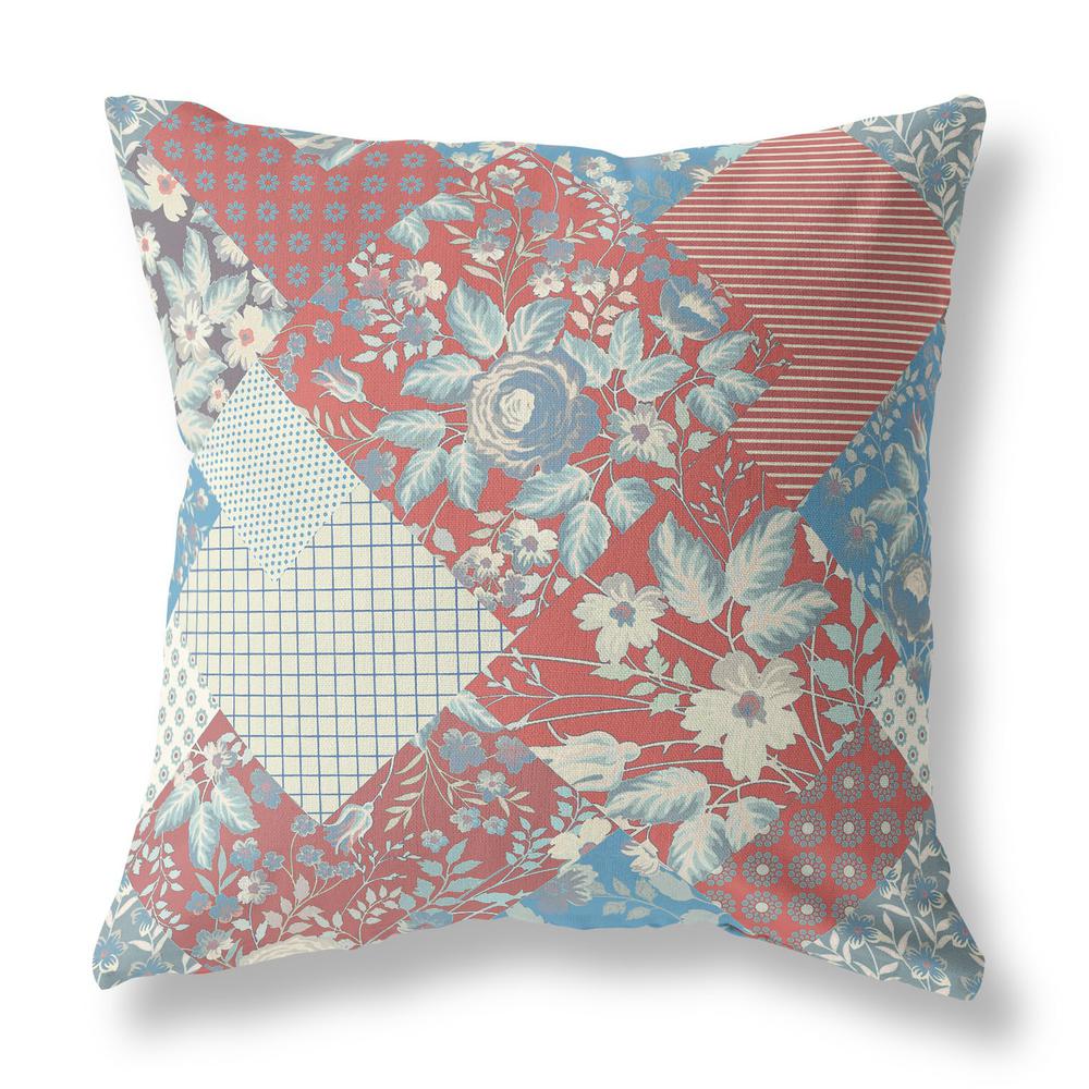 18" Red Blue Boho Floral Indoor Outdoor Throw Pillow. Picture 1
