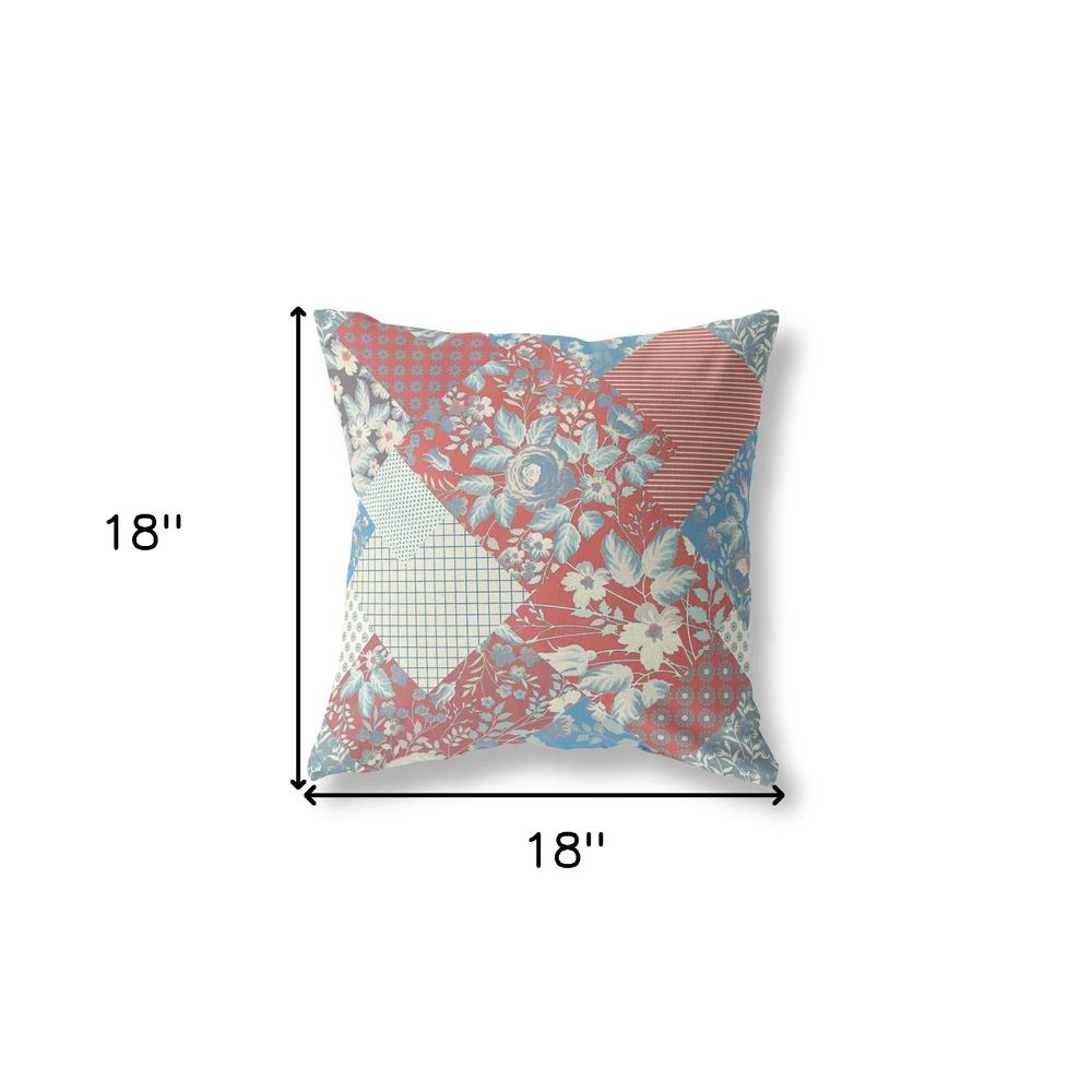 18" Red Blue Boho Floral Indoor Outdoor Throw Pillow. Picture 4