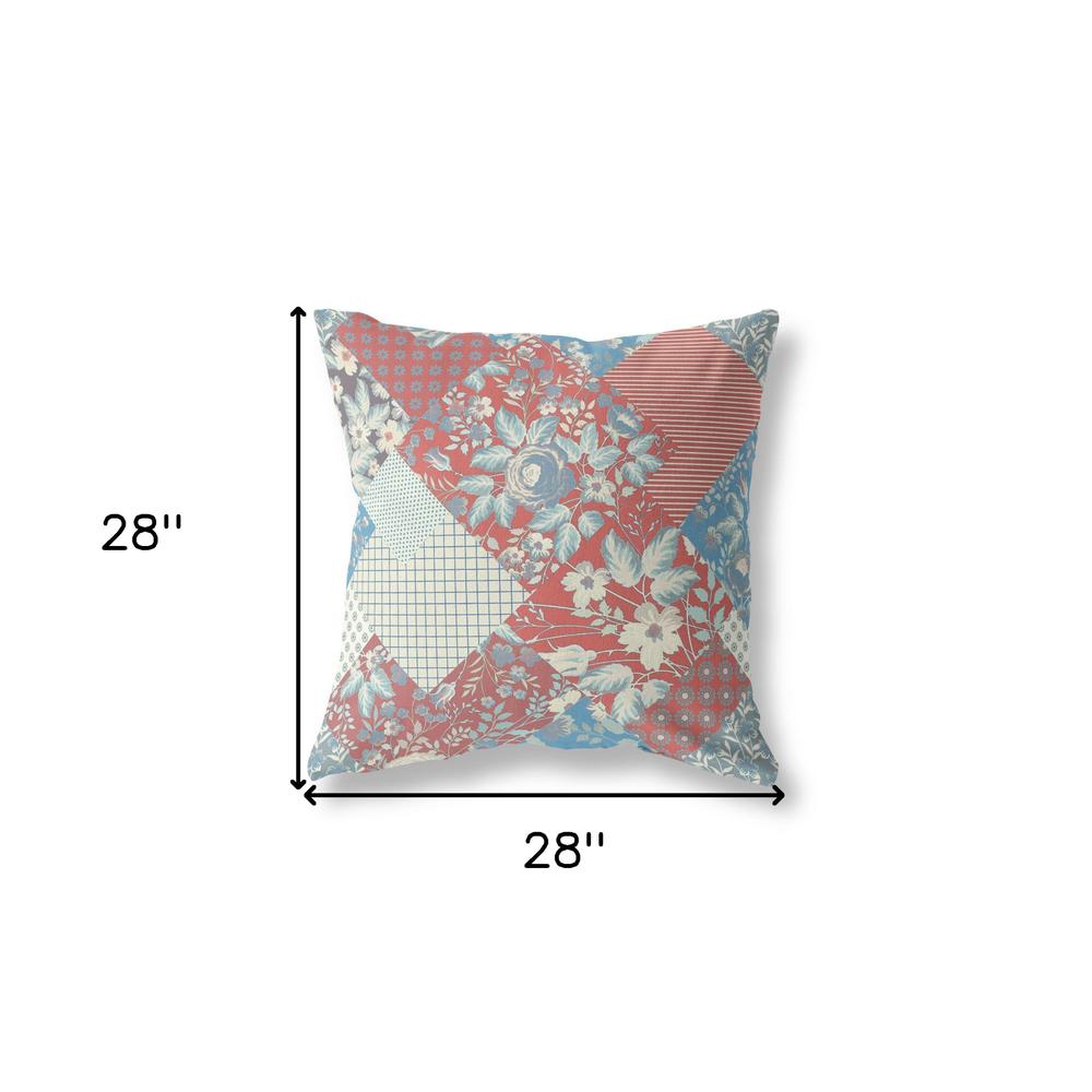 28" Red Blue Boho Floral Indoor Outdoor Throw Pillow. Picture 4