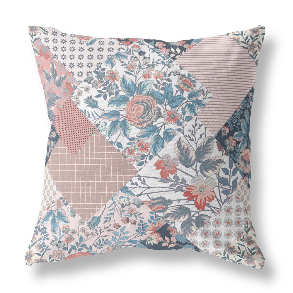 18" Pink Blue Boho Floral Indoor Outdoor Throw Pillow. Picture 1