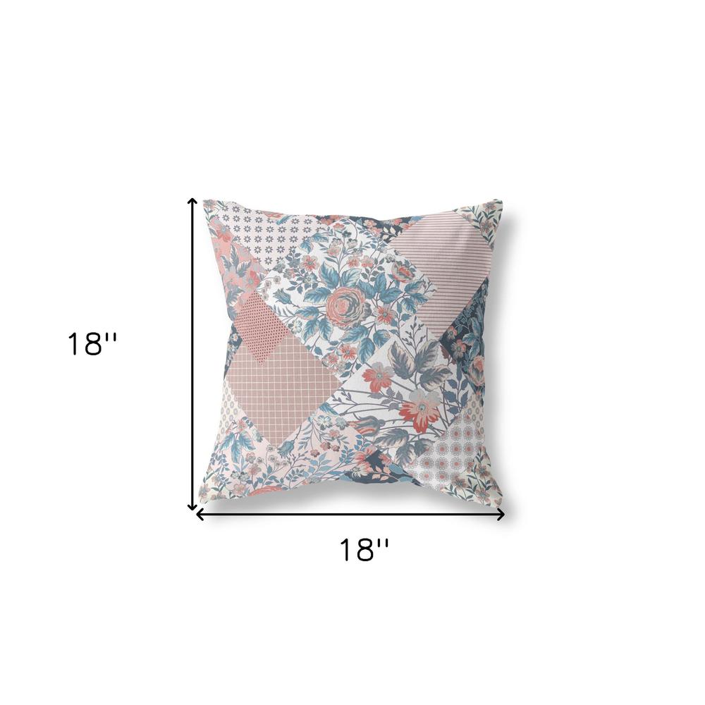 18" Pink Blue Boho Floral Indoor Outdoor Throw Pillow. Picture 4