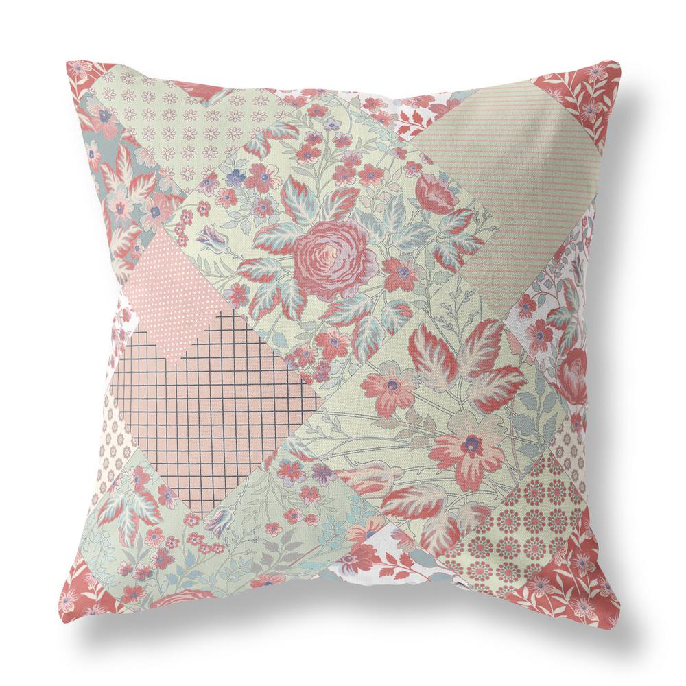 16" Peach Pink Floral Indoor Outdoor Throw Pillow. Picture 1