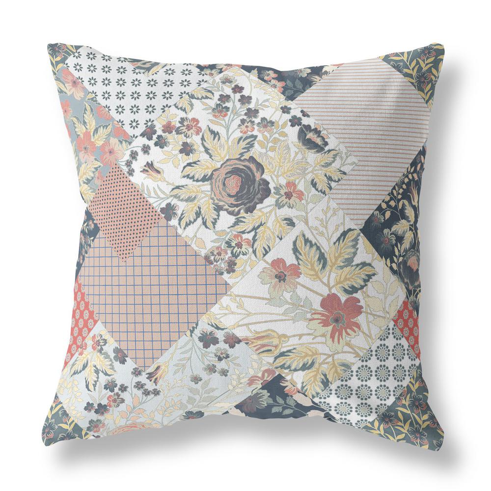 16" Peach Black Floral Indoor Outdoor Throw Pillow. Picture 1