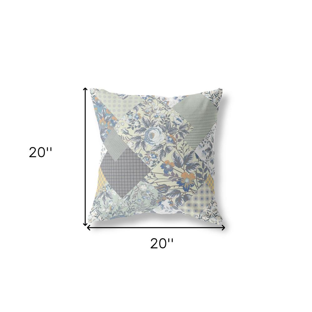20" Gray Cream Boho Floral Indoor Outdoor Throw Pillow. Picture 4