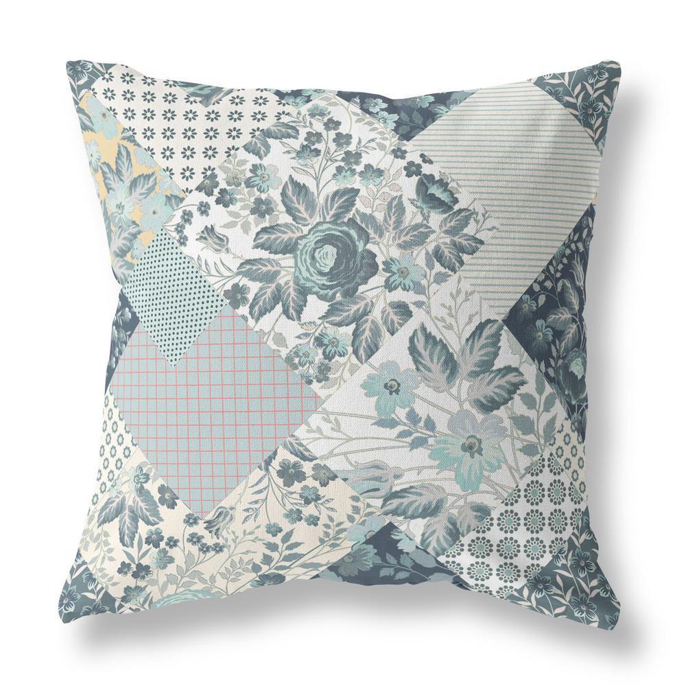 16" Teal White Boho Floral Indoor Outdoor Throw Pillow. Picture 1