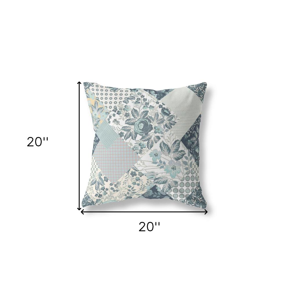 20" Teal White Boho Floral Indoor Outdoor Throw Pillow. Picture 4