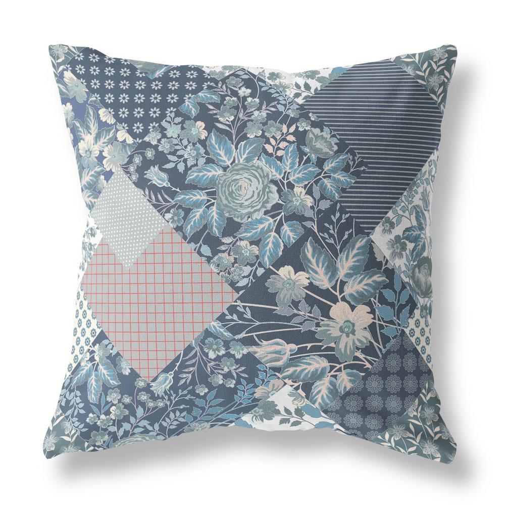 16" Blue White Boho Floral Indoor Outdoor Throw Pillow. Picture 1