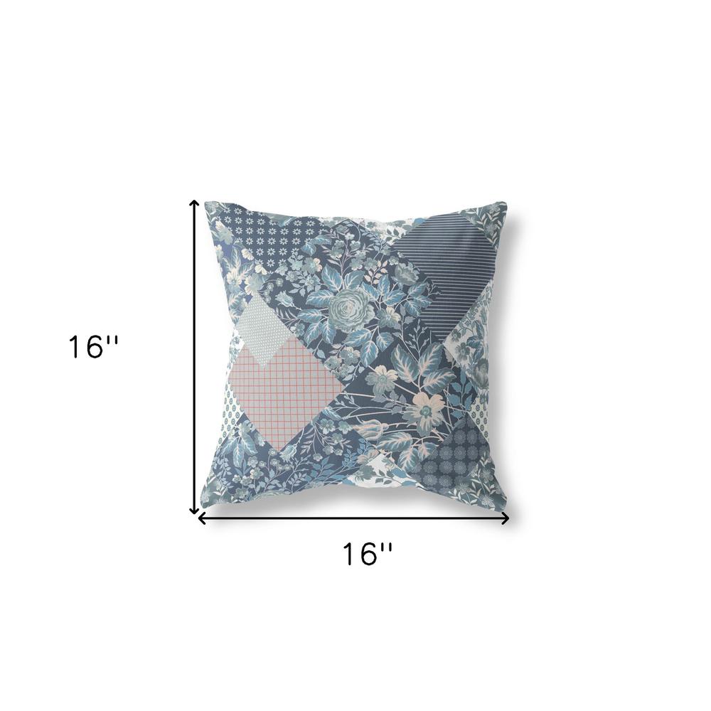 16" Blue White Boho Floral Indoor Outdoor Throw Pillow. Picture 4