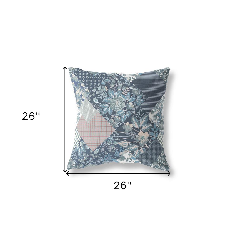 26" Blue White Boho Floral Indoor Outdoor Throw Pillow. Picture 4