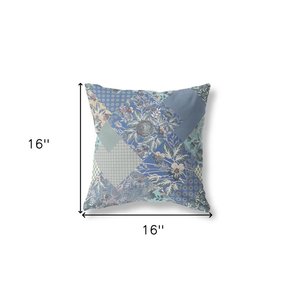 16" Gray Blue Boho Floral Indoor Outdoor Throw Pillow. Picture 4