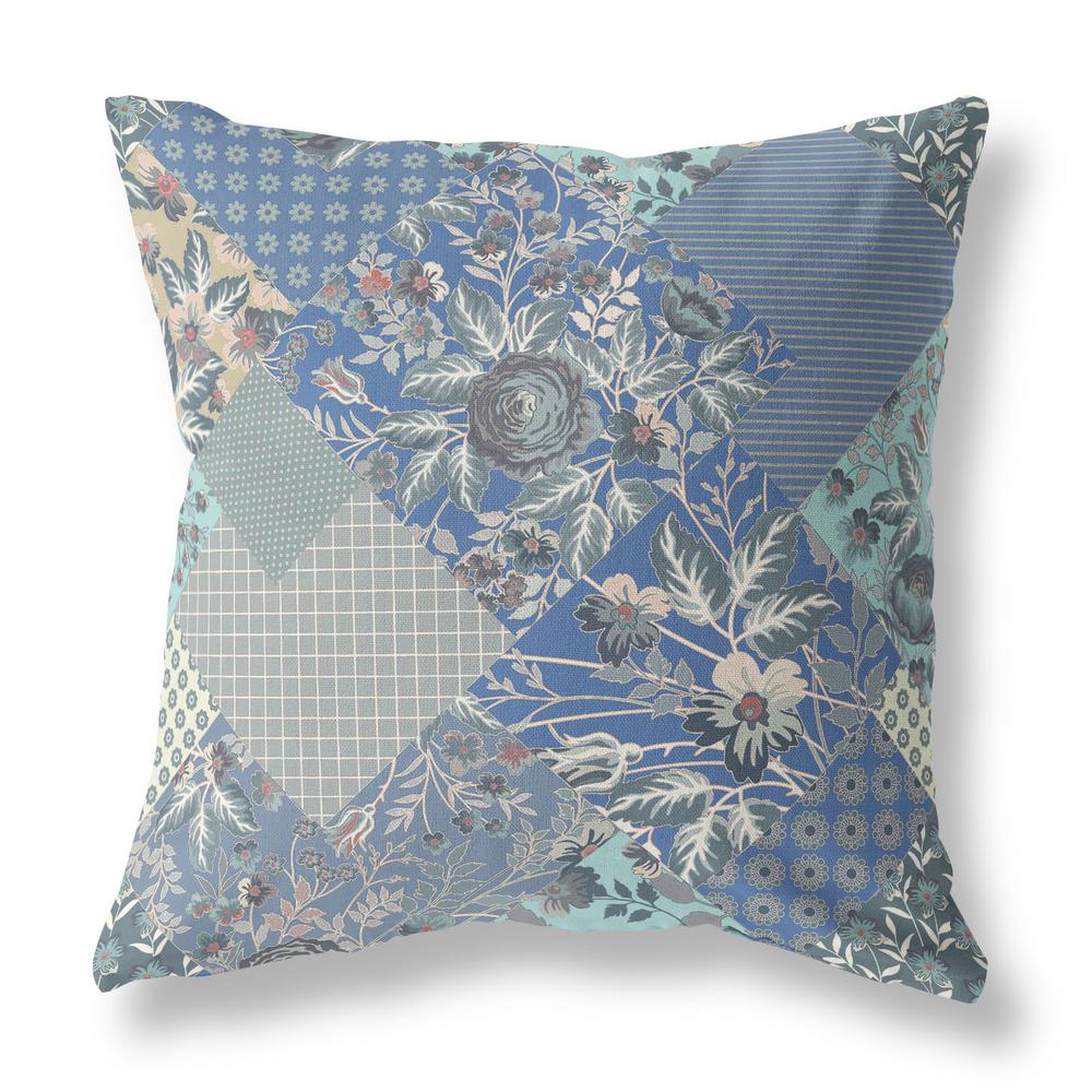 18" Gray Blue Boho Floral Indoor Outdoor Throw Pillow. Picture 1