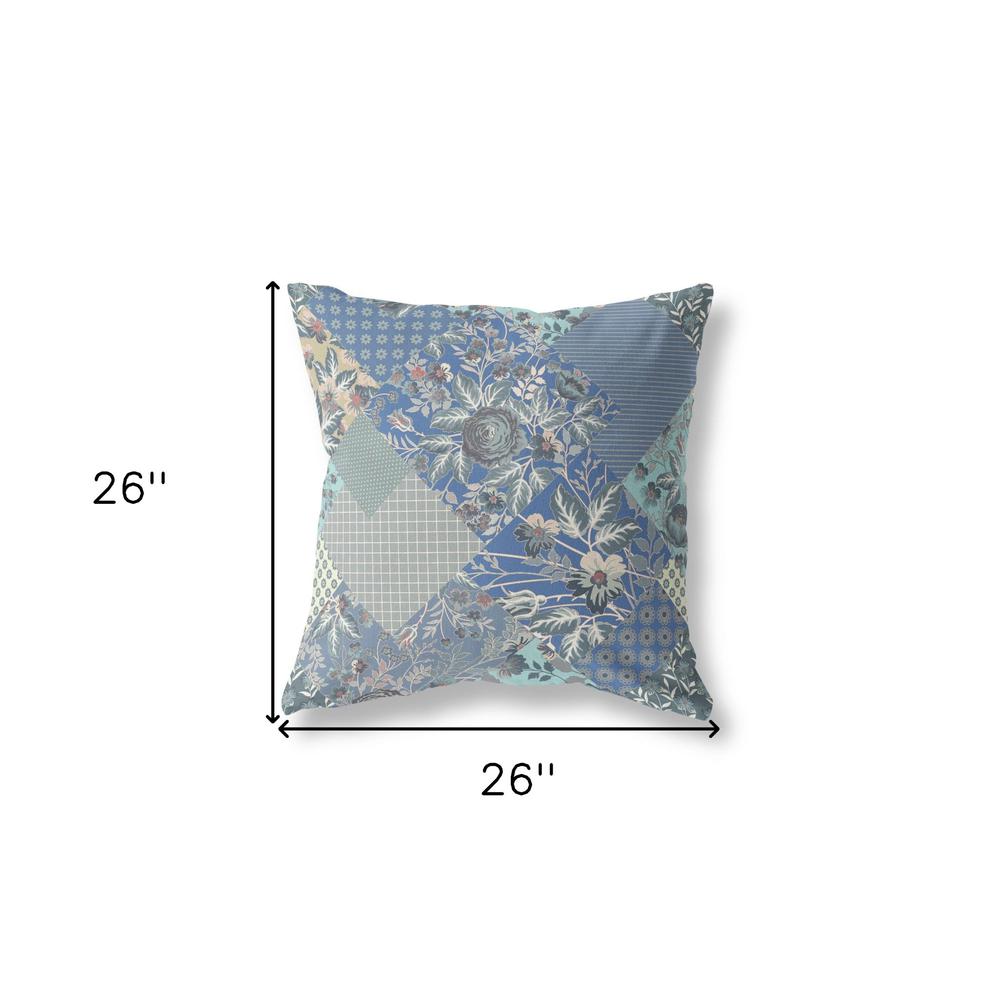 26" Gray Blue Boho Floral Indoor Outdoor Throw Pillow. Picture 4