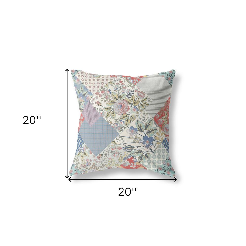 20" Red White Boho Floral Indoor Outdoor Throw Pillow. Picture 4