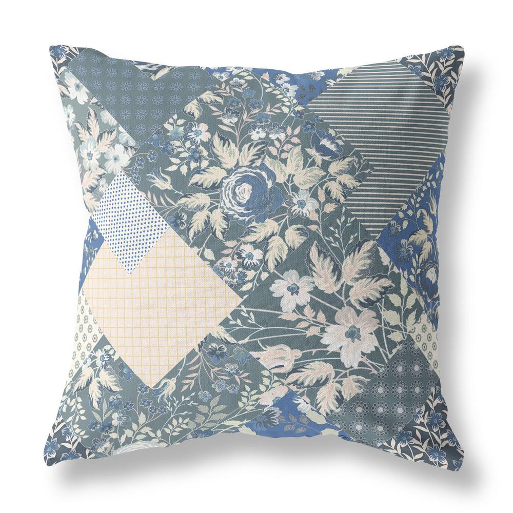 16" Gray Blue Boho Floral Indoor Outdoor Throw Pillow. Picture 1