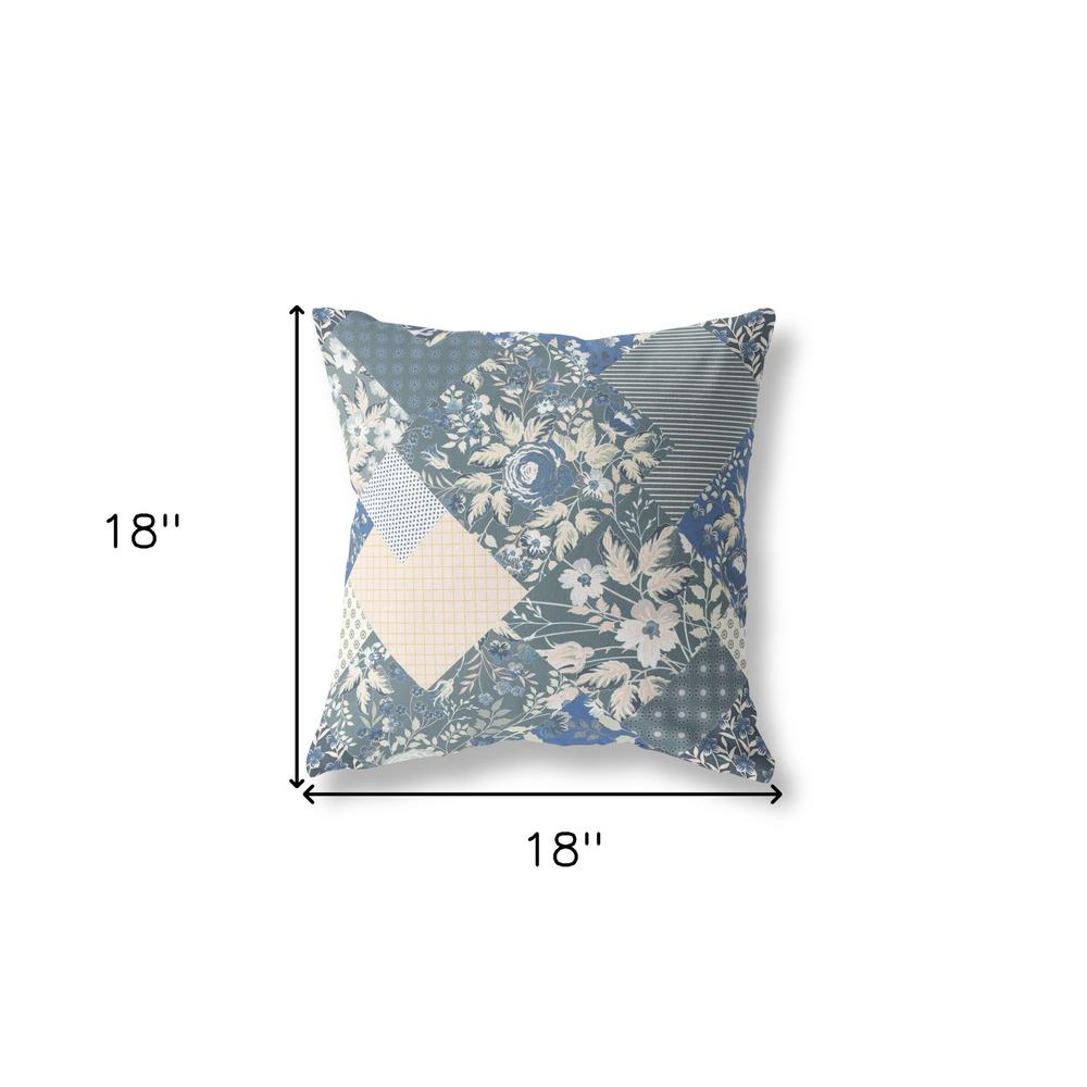 18" Gray Blue Boho Floral Indoor Outdoor Throw Pillow. Picture 4