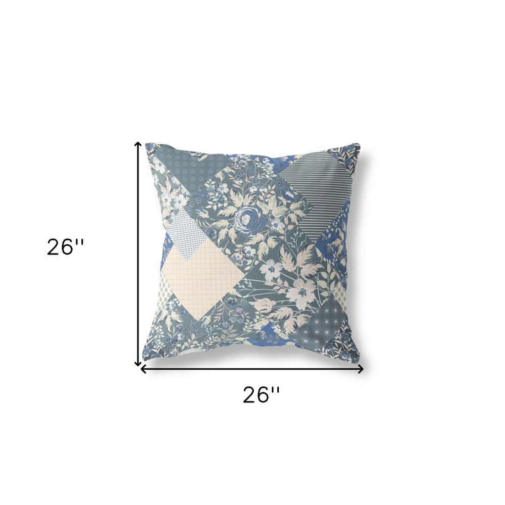 26" Gray Blue Boho Floral Indoor Outdoor Throw Pillow. Picture 4