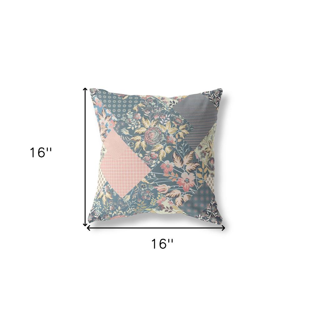 16" Green Peach Boho Floral Indoor Outdoor Throw Pillow. Picture 4
