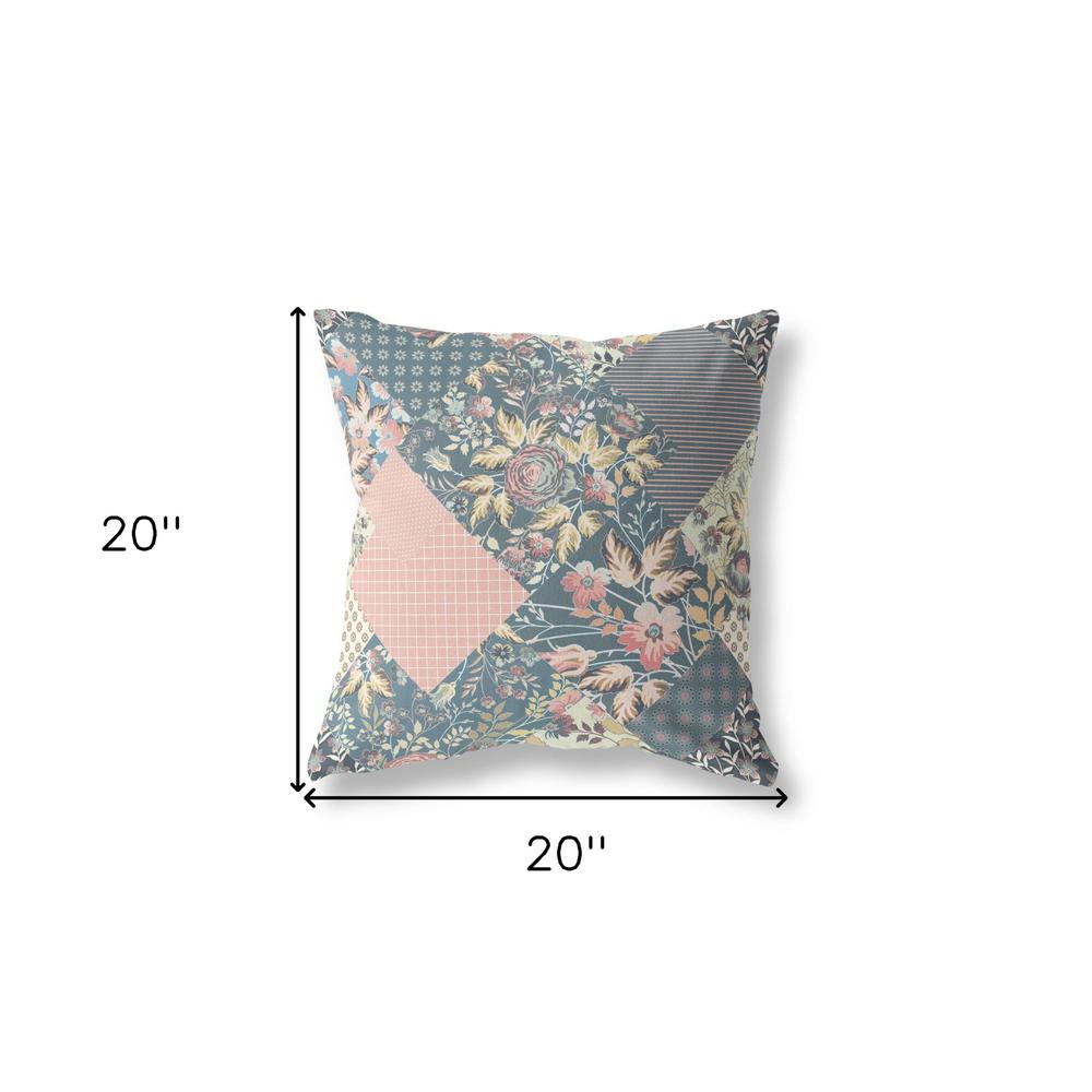 20" Green Peach Boho Floral Indoor Outdoor Throw Pillow. Picture 4