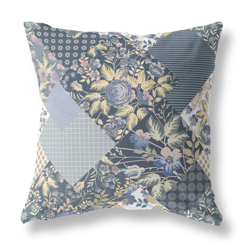 18" Blue Yellow Boho Floral Indoor Outdoor Throw Pillow. Picture 1