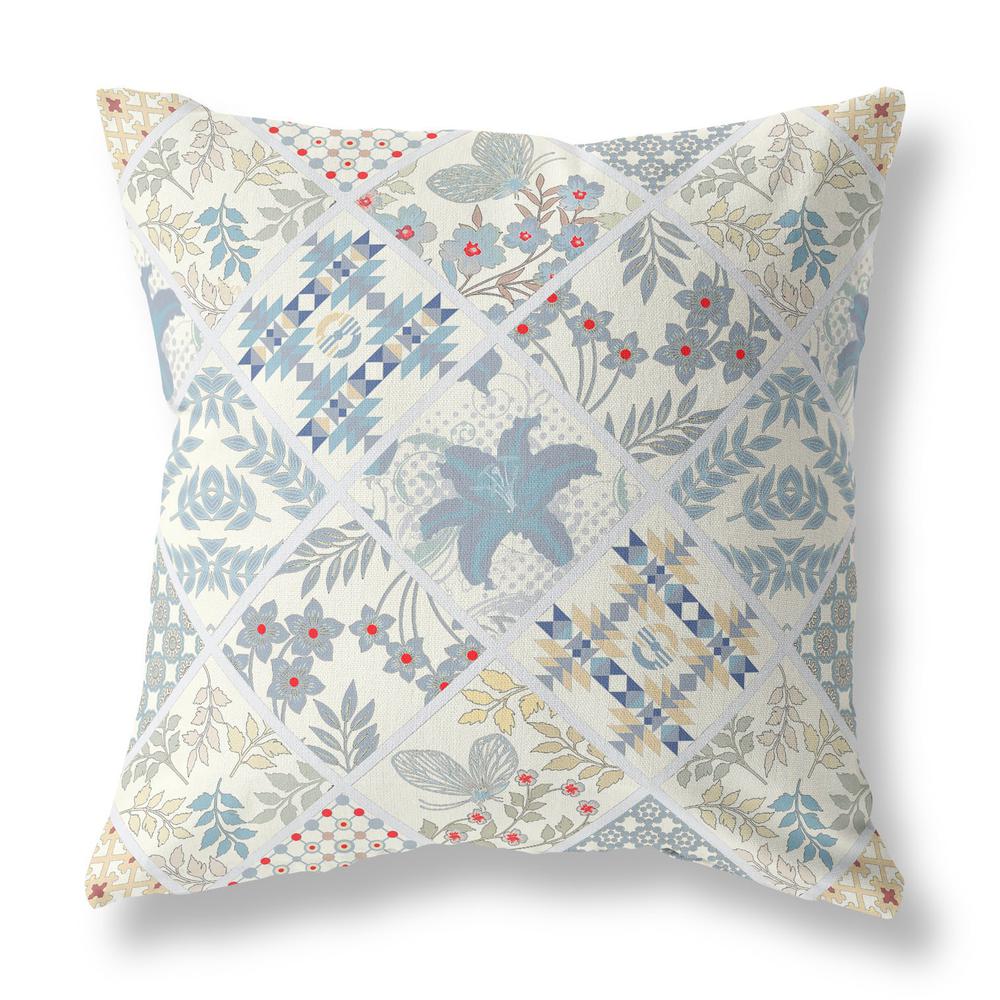 16” White Blue Patch Indoor Outdoor Throw Pillow. Picture 1
