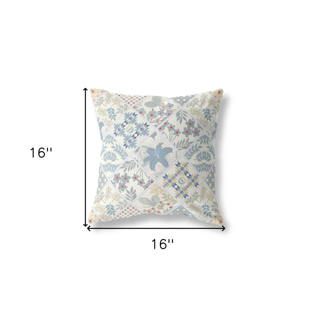 16” White Blue Patch Indoor Outdoor Throw Pillow. Picture 4