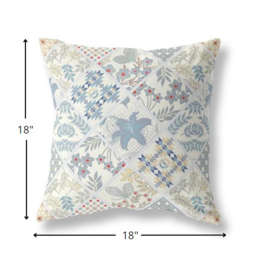 18” White Blue Patch Indoor Outdoor Throw Pillow. Picture 4