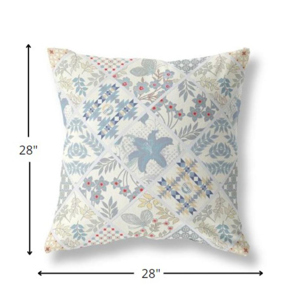 28” White Blue Patch Indoor Outdoor Throw Pillow. Picture 4