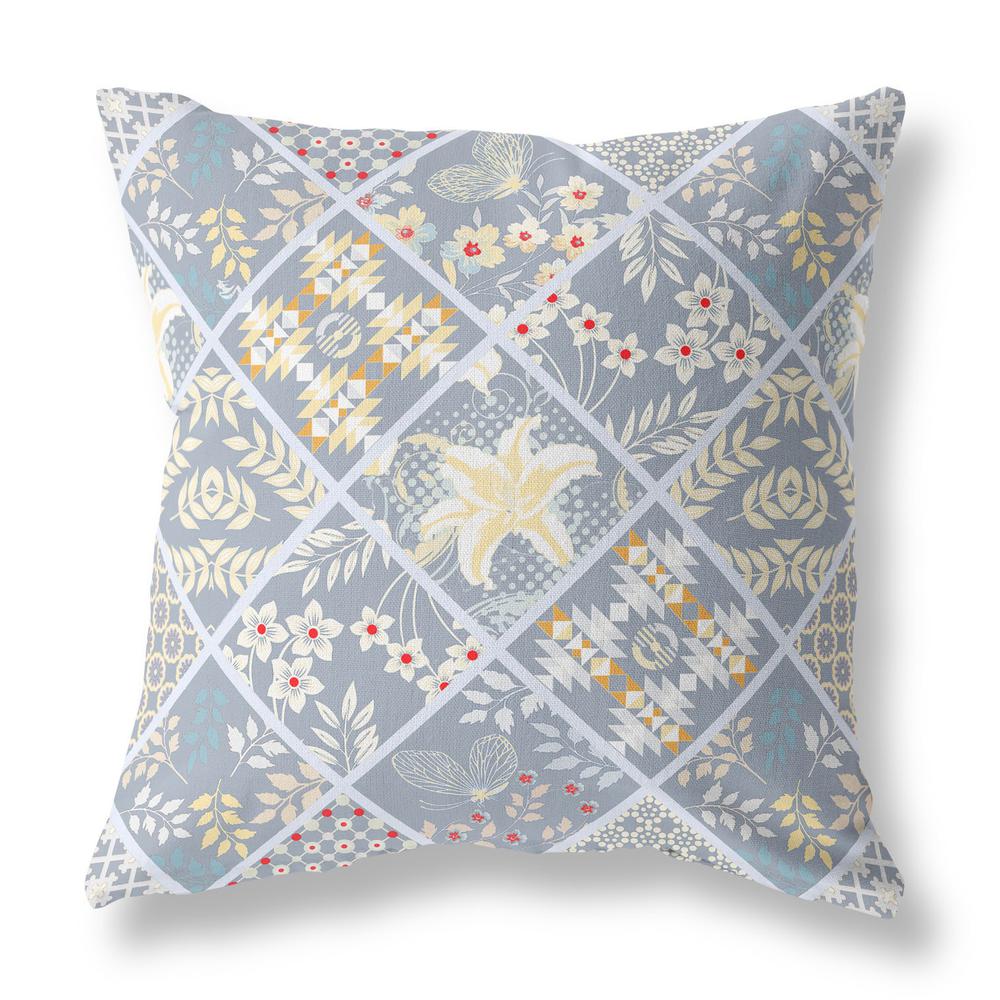 26” Gray Yellow Patch Indoor Outdoor Throw Pillow. Picture 1