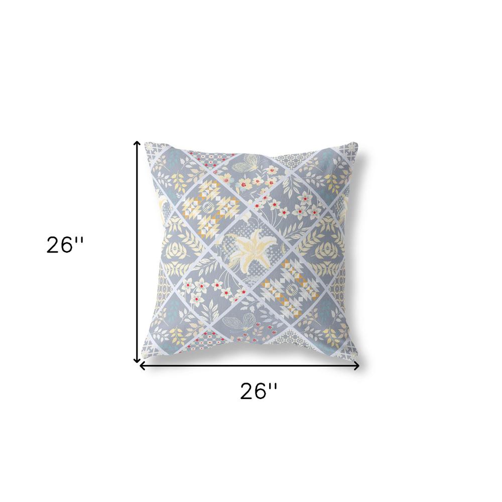 26” Gray Yellow Patch Indoor Outdoor Throw Pillow. Picture 4