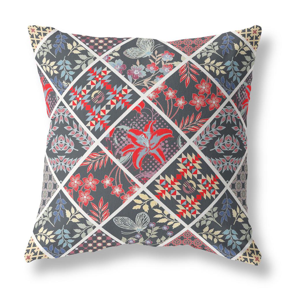 26” Black Red Patch Indoor Outdoor Throw Pillow. Picture 1