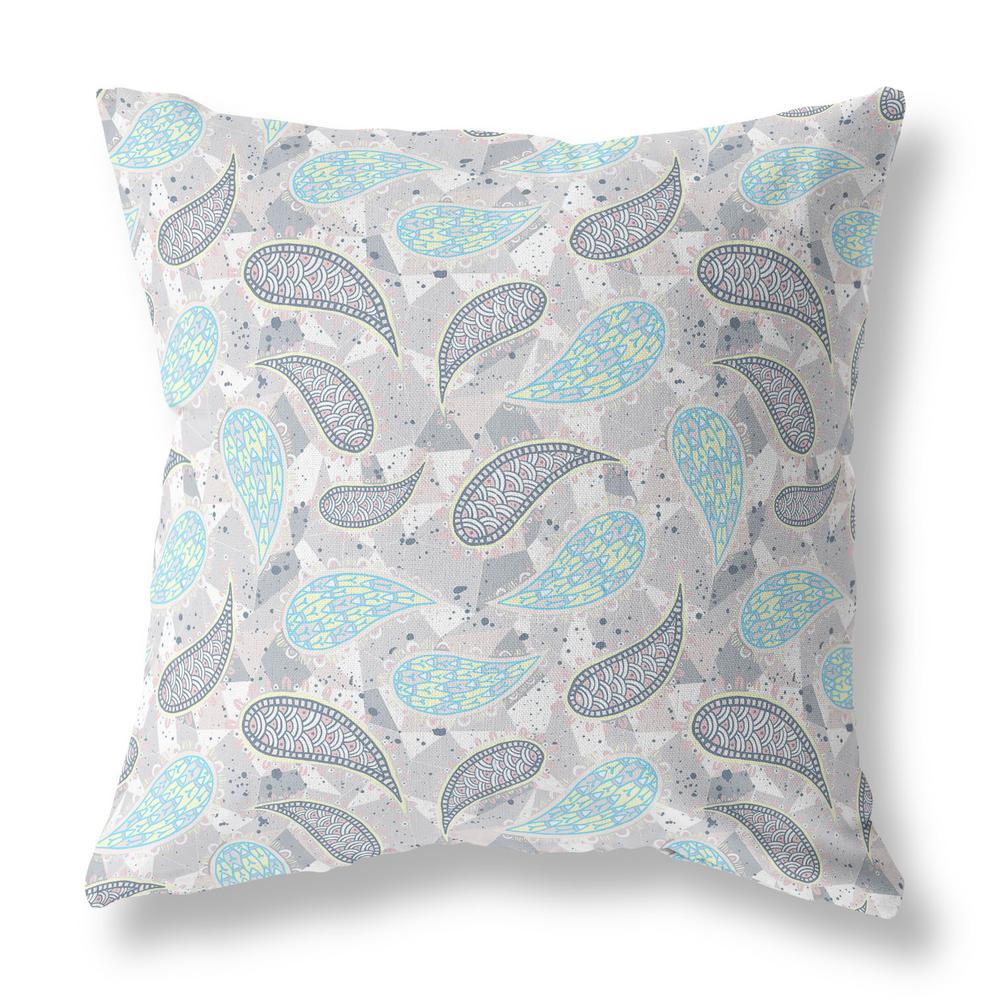 16” Gray Turquoise Boho Paisley Indoor Outdoor Throw Pillow. Picture 1