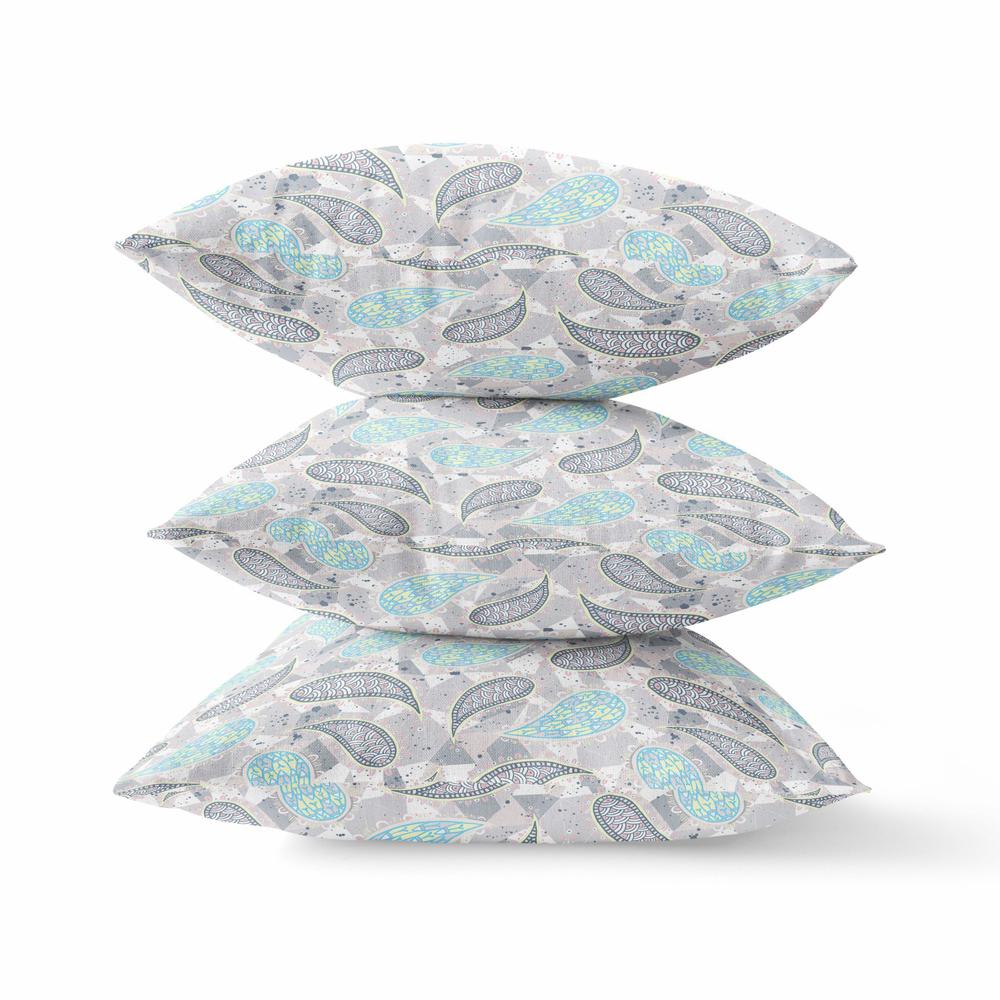 16” Gray Turquoise Boho Paisley Indoor Outdoor Throw Pillow. Picture 2