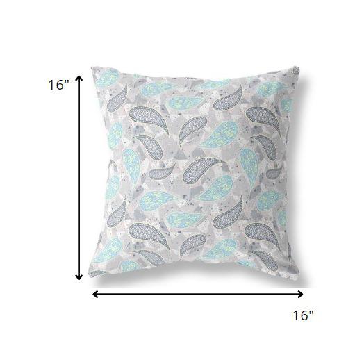 16” Gray Turquoise Boho Paisley Indoor Outdoor Throw Pillow. Picture 4