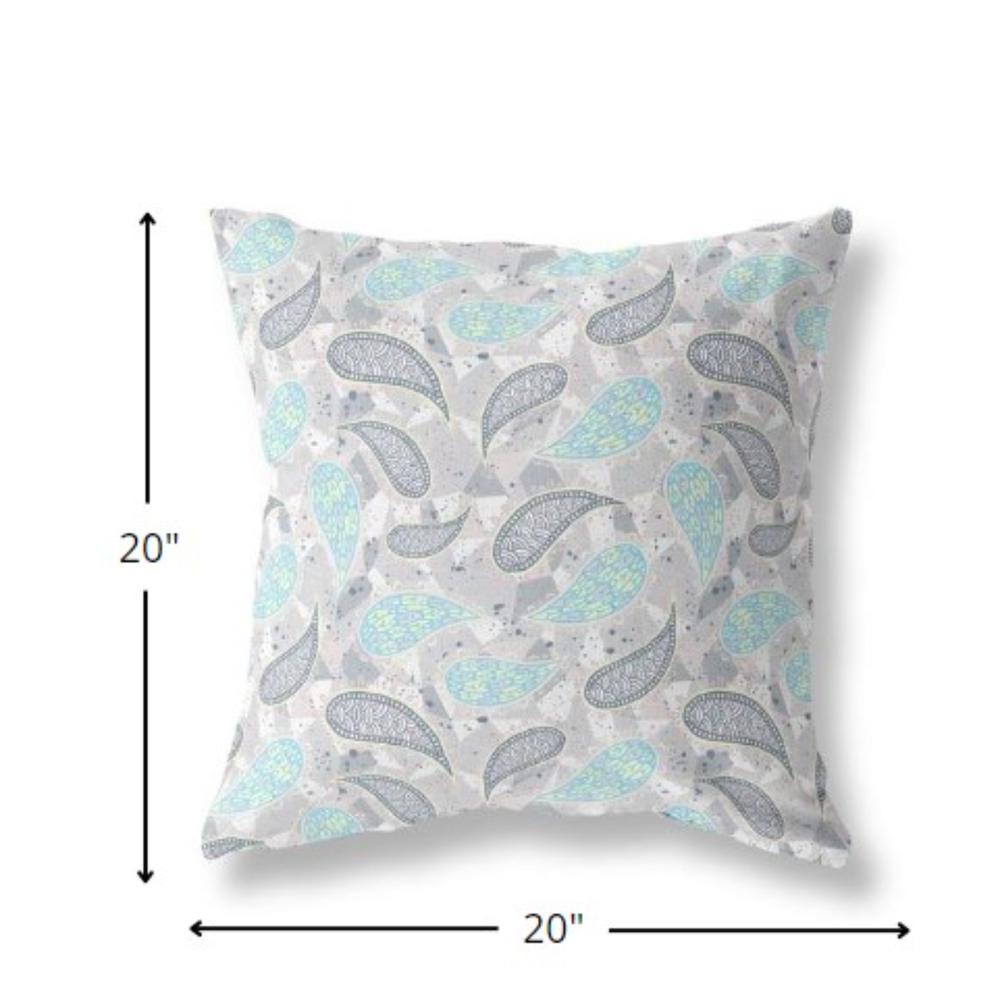 20” Gray Turquoise Boho Paisley Indoor Outdoor Throw Pillow. Picture 4