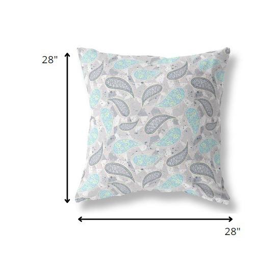 28” Gray Turquoise Boho Paisley Indoor Outdoor Throw Pillow. Picture 4