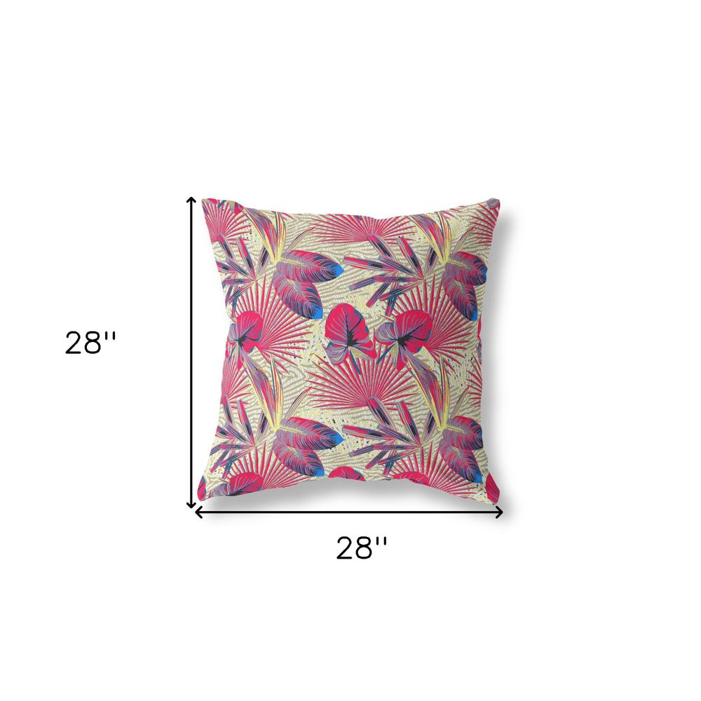28” Pink Yellow Tropical Indoor Outdoor Throw Pillow. Picture 4