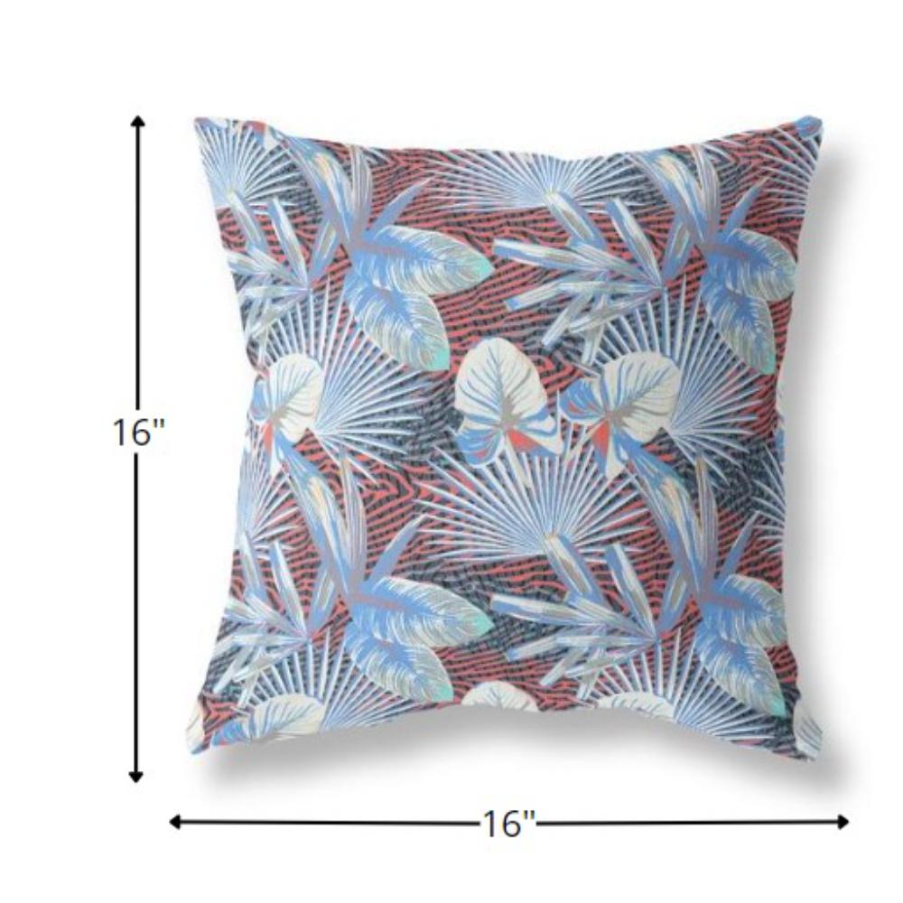 16” Blue Red Tropical Indoor Outdoor Throw Pillow. Picture 4