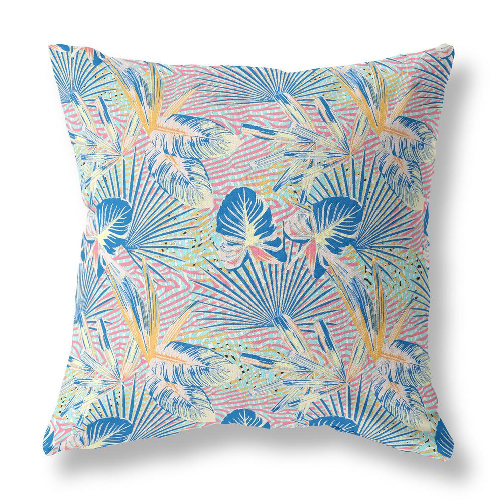 28” Blue Pink Tropical Indoor Outdoor Throw Pillow. Picture 1