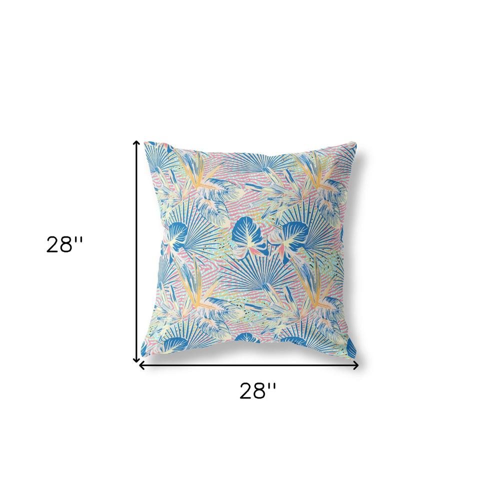 28” Blue Pink Tropical Indoor Outdoor Throw Pillow. Picture 4