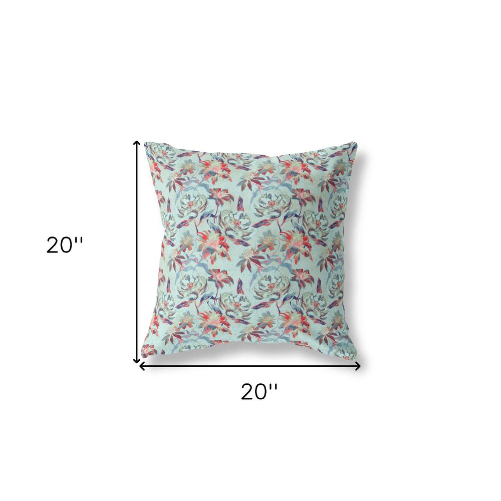 20” Red Aqua Roses Indoor Outdoor Throw Pillow. Picture 4