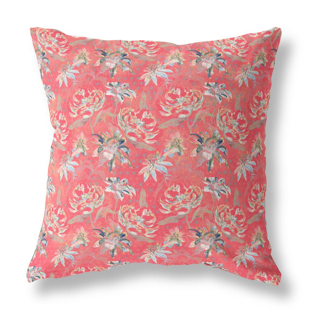 18” Salmon Red Roses Indoor Outdoor Throw Pillow. Picture 1