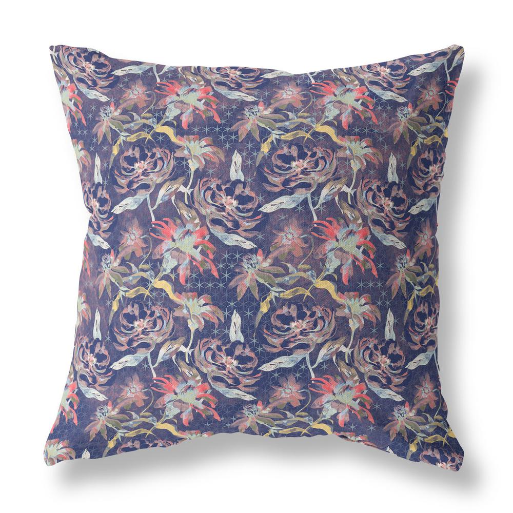 16” Midnight Blue Roses Indoor Outdoor Throw Pillow. Picture 1