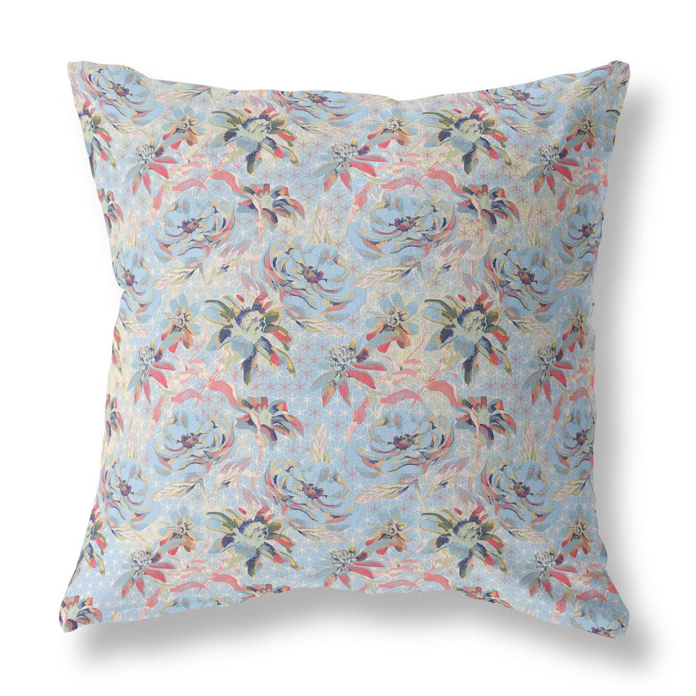 20” Light Blue Red Roses Indoor Outdoor Throw Pillow. Picture 1